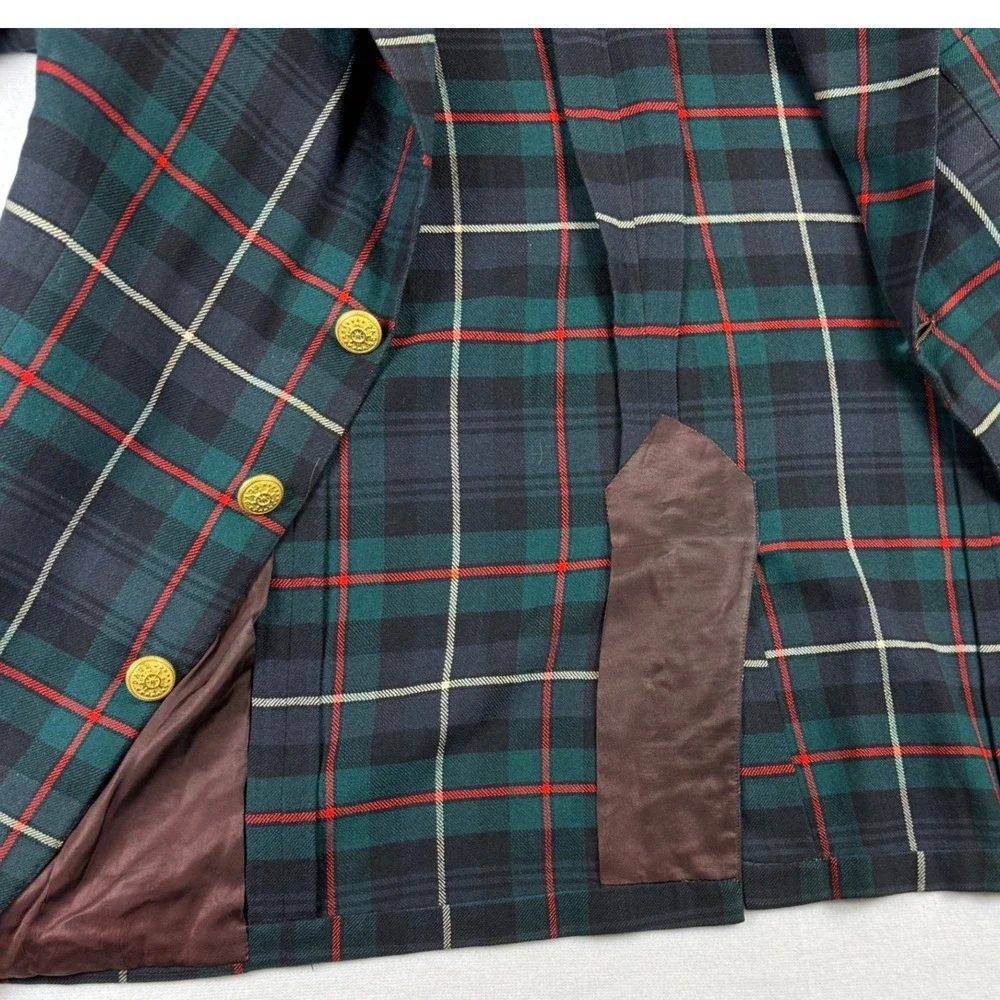 Fruhauf New York Mens Plaid Blazer Large Green Navy Tartan Gold Crest Buttons